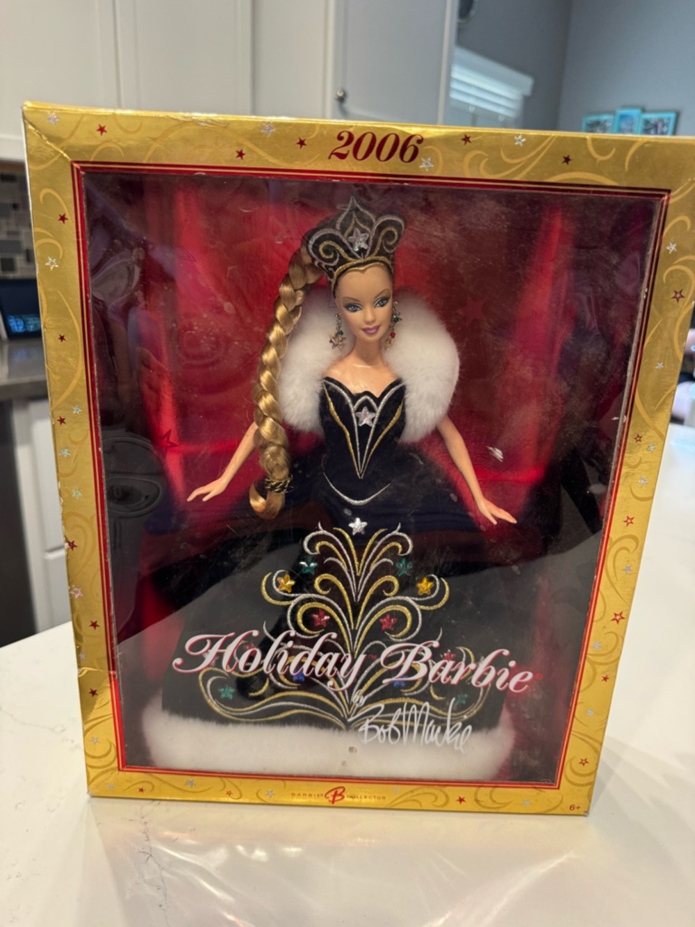 Bob Mackie Holiday Barbie 2006 in Black & Gold Gown with White Trim
